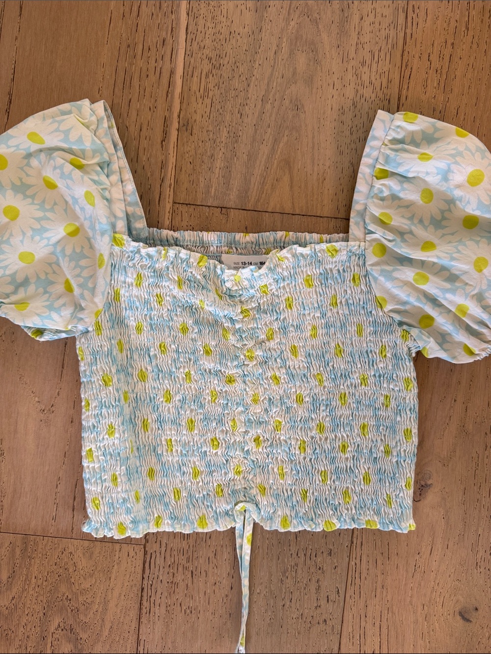 Zara Light Blue & Yellow Daisy Smocked Puff Sleeve Top
